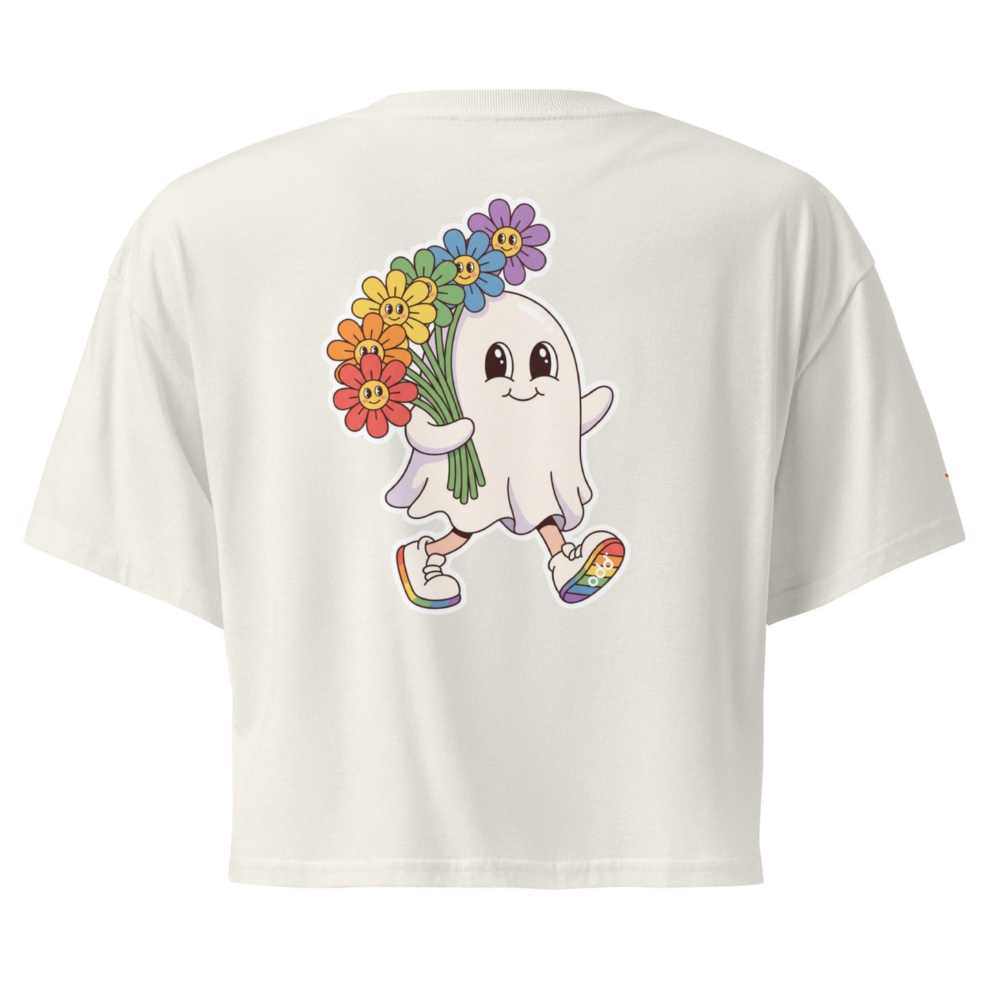 Off-White crop top, back view – a walking friendly ghost with flowers in its hand graphic print