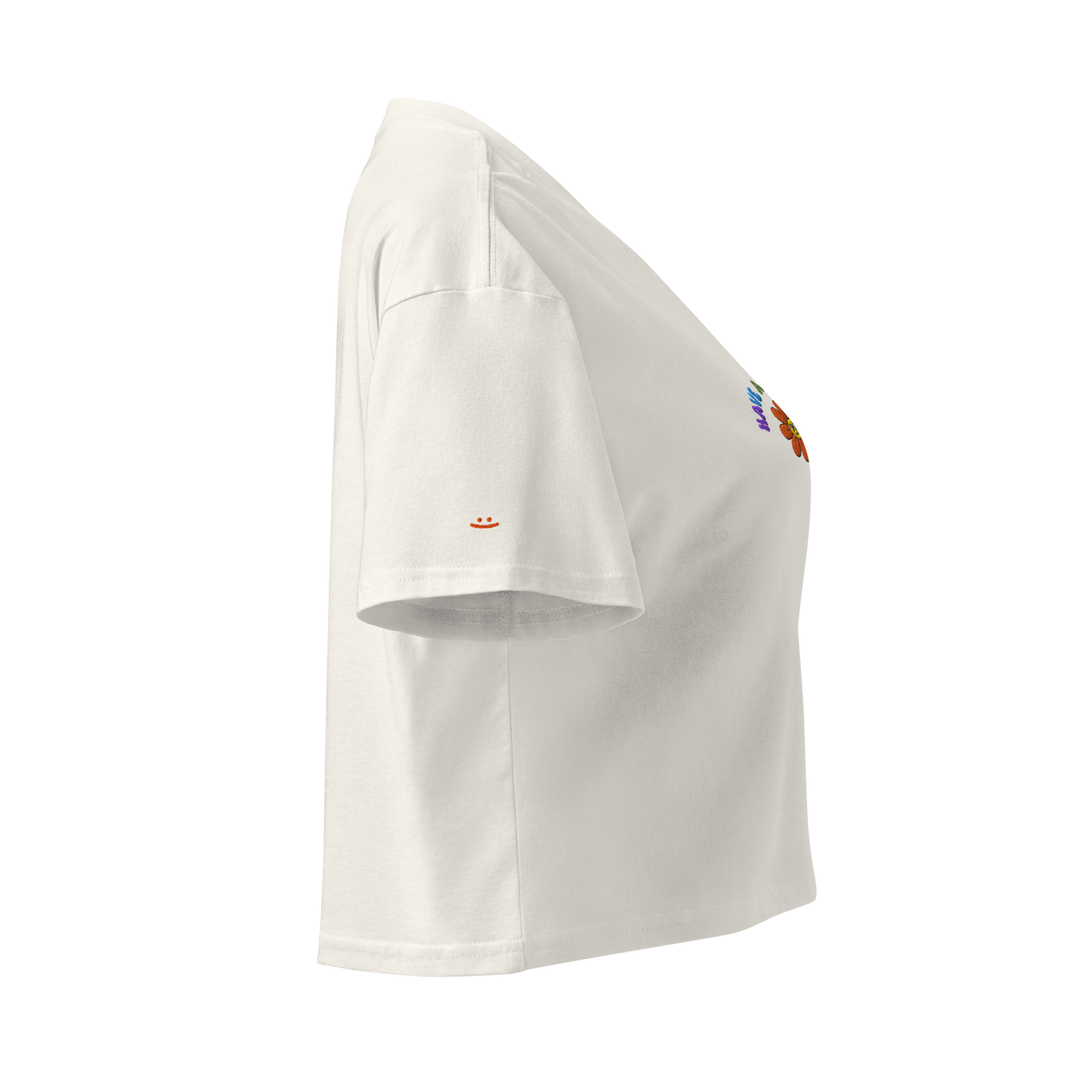 Off-White crop top, side view – red smiley embroidered on sleeve, cropped length
