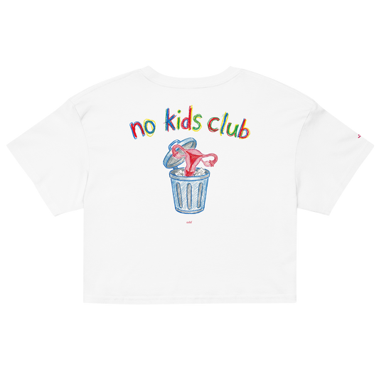 White crop top, back view – "no kids club" text with trash can graphic