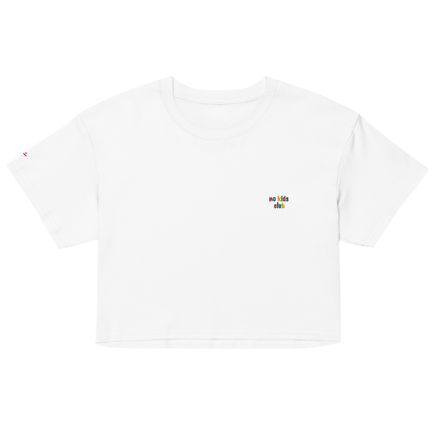 White crop top, front view – small "no kids club" embroidery on chest
