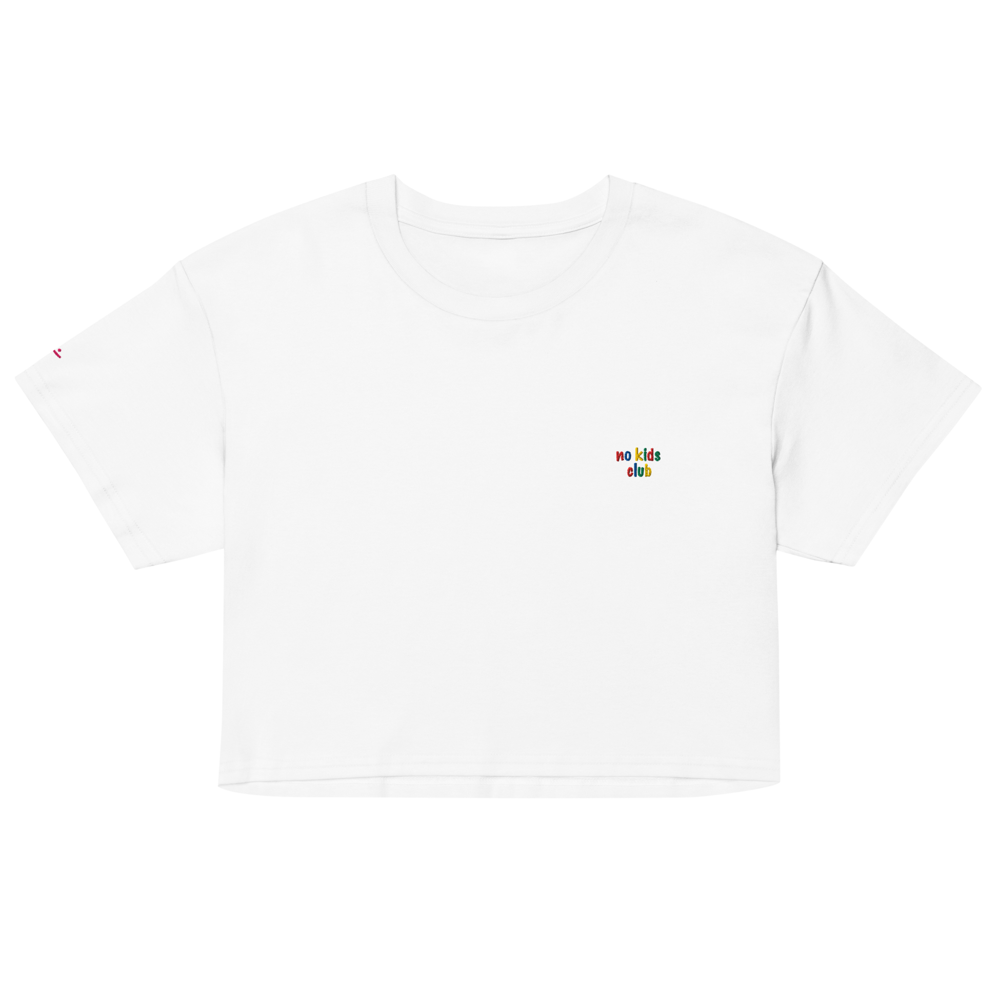 White crop top, front view – small "no kids club" embroidery on chest