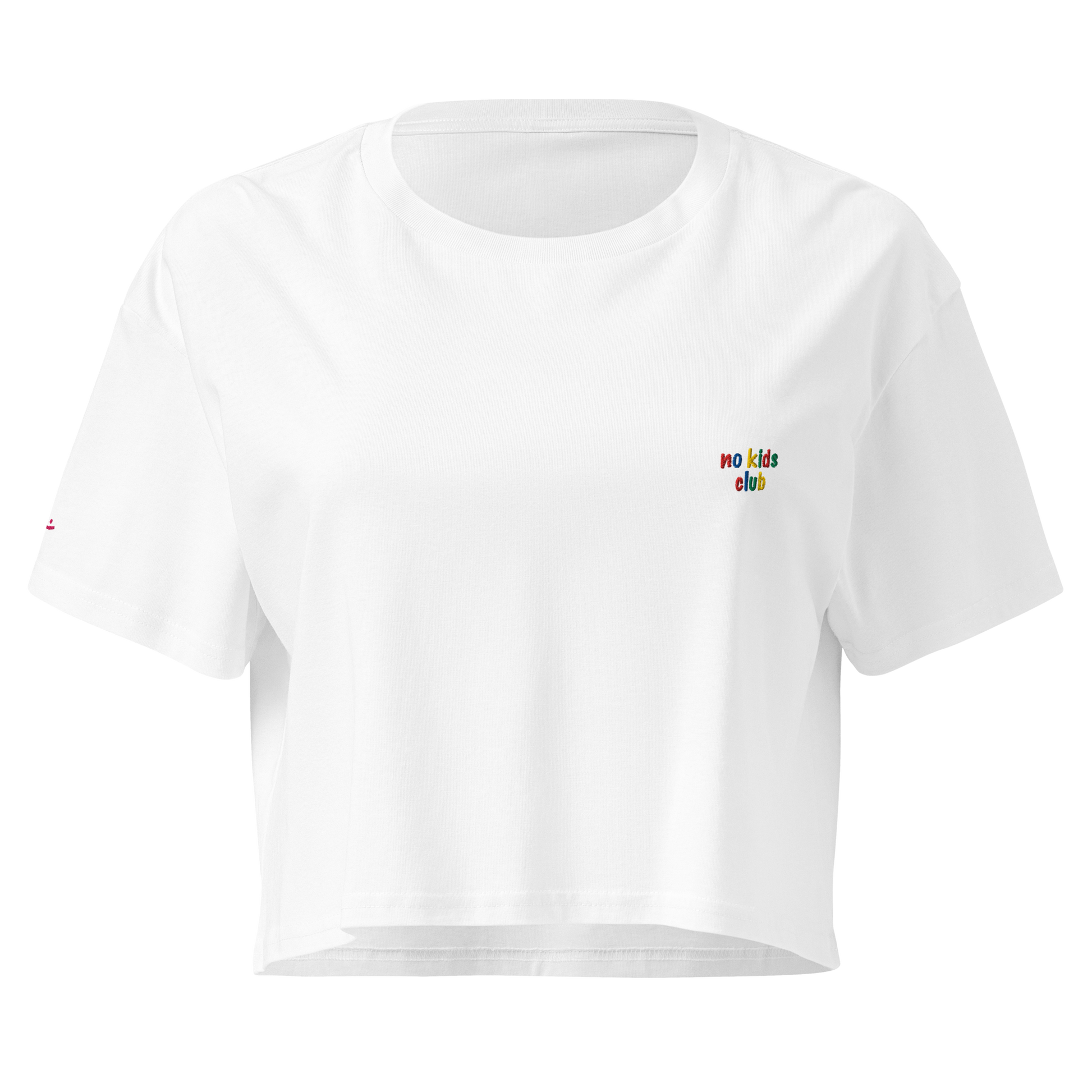 White crop top, front view – small "no kids club" embroidery on chest