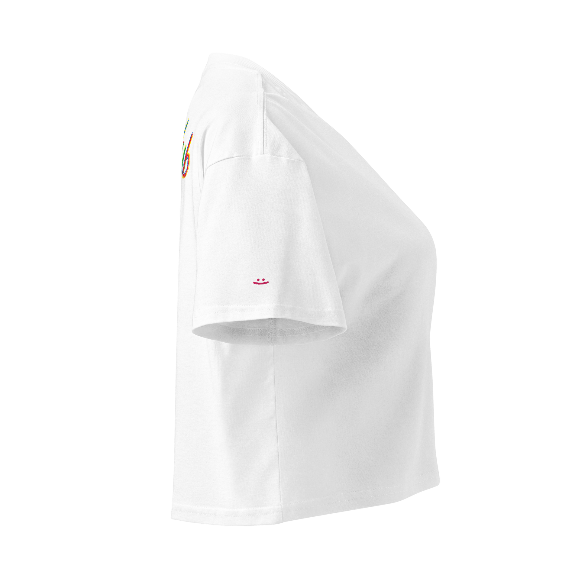 White crop top, side view – pink smiley on sleeve, cropped length