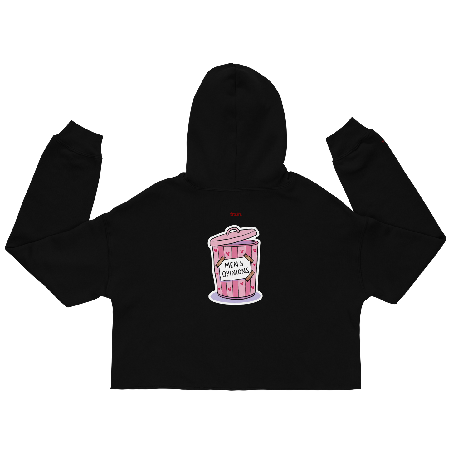 oddjuice trash hoodie – black cropped hoodie with pink "Men's Opinions" trash can graphic on chest, back view