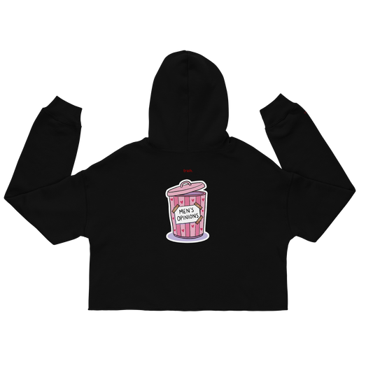 oddjuice trash hoodie – black cropped hoodie with pink "Men's Opinions" trash can graphic on chest, back view