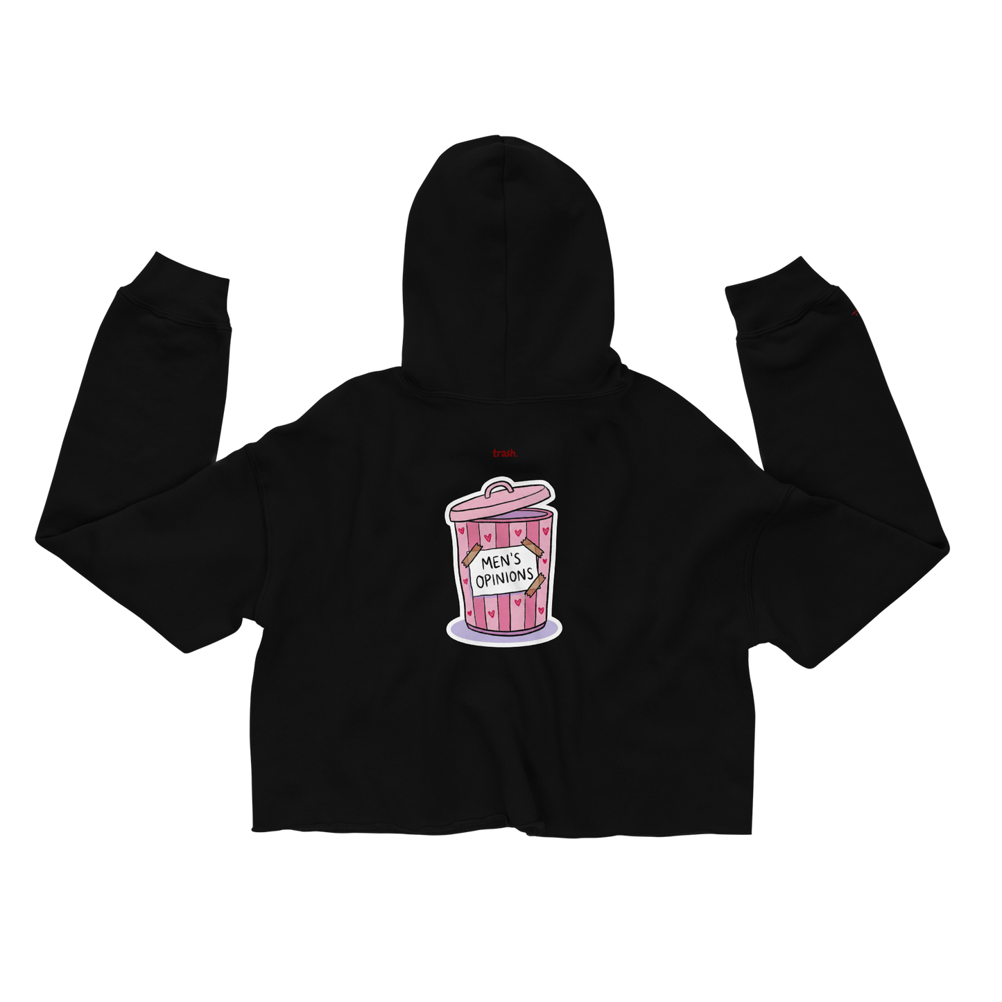 oddjuice trash hoodie – black cropped hoodie with pink "Men's Opinions" trash can graphic on chest, back view, flat lay