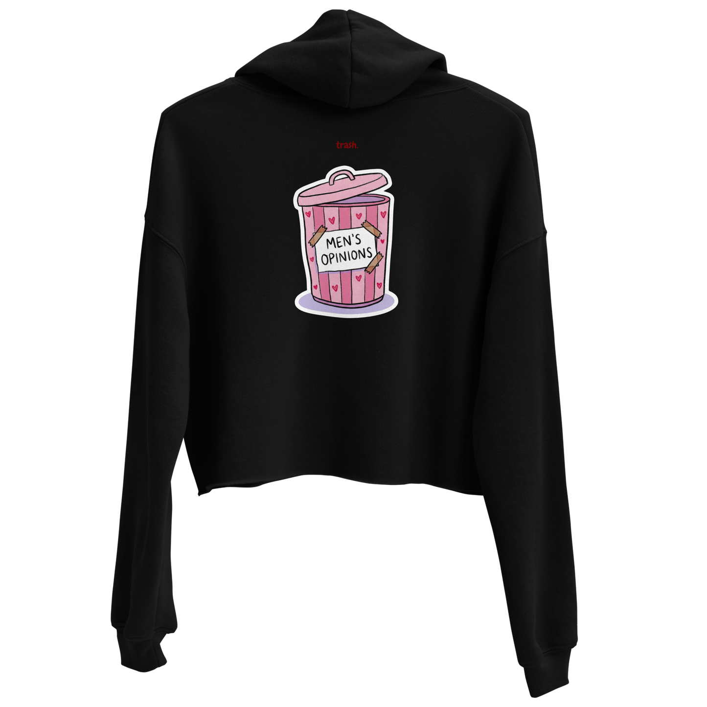 oddjuice trash hoodie – black cropped hoodie with pink "Men's Opinions" trash can graphic on chest, back view