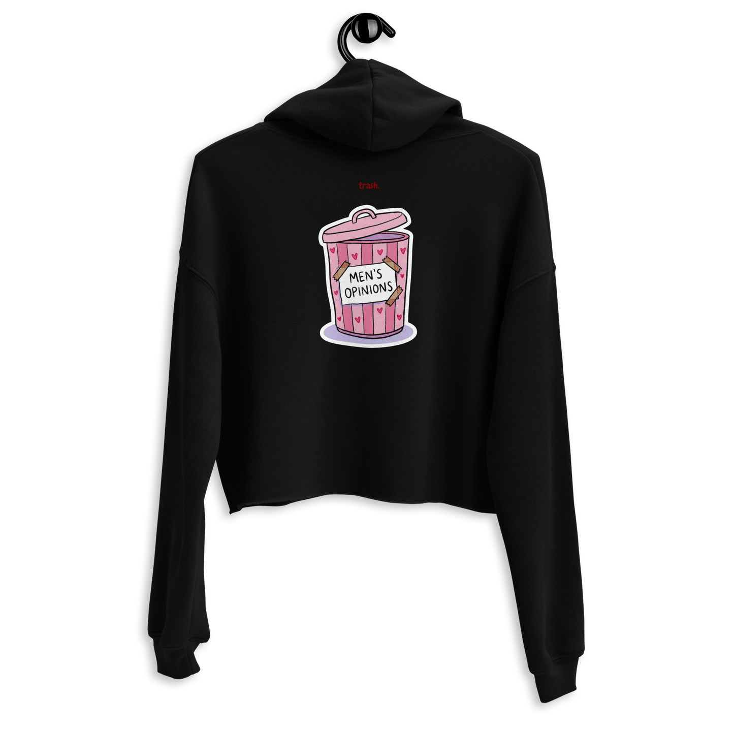 oddjuice trash hoodie – black cropped hoodie with pink "Men's Opinions" trash can graphic on chest, back view on hanger