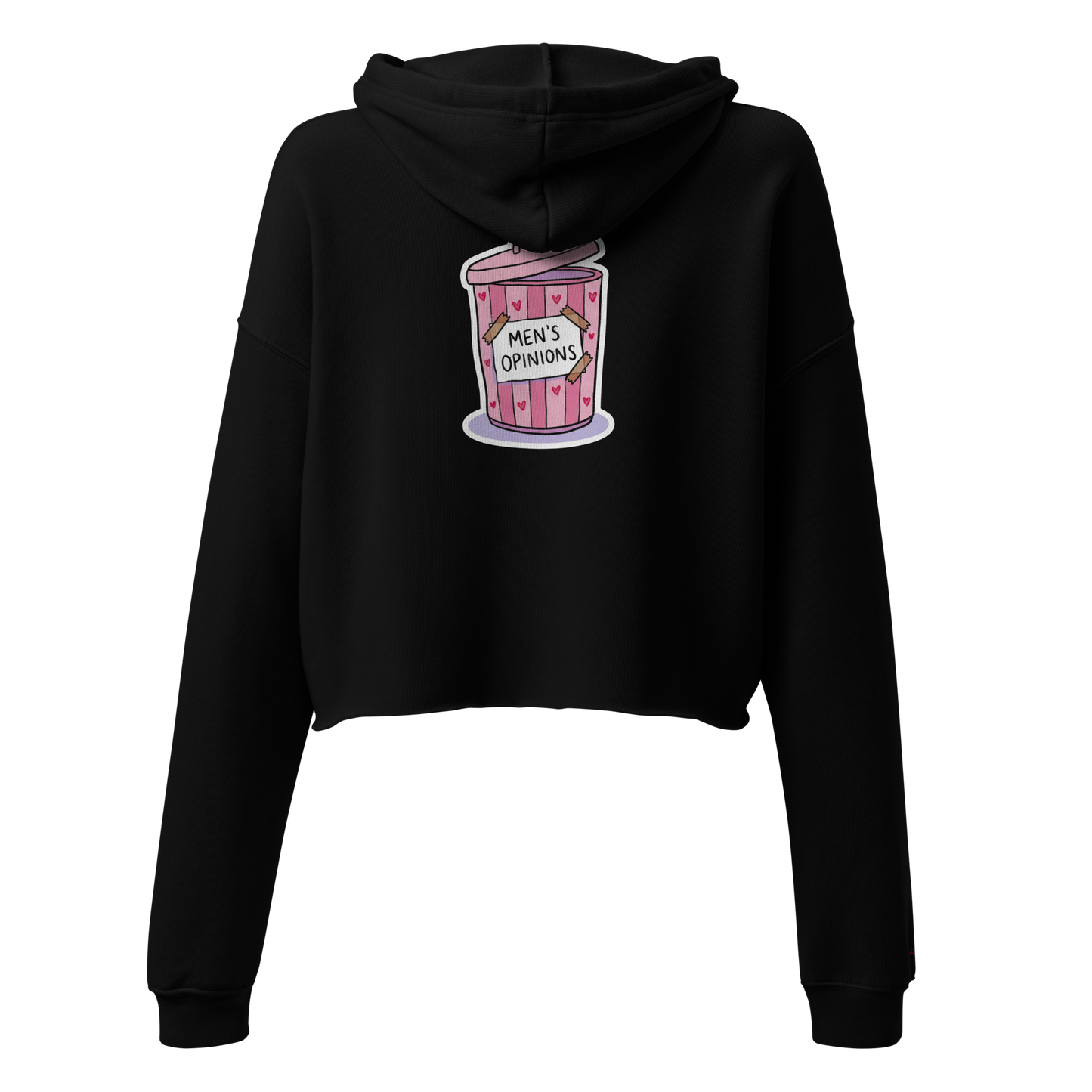 oddjuice trash hoodie – black cropped hoodie with pink "Men's Opinions" trash can graphic on chest, back view