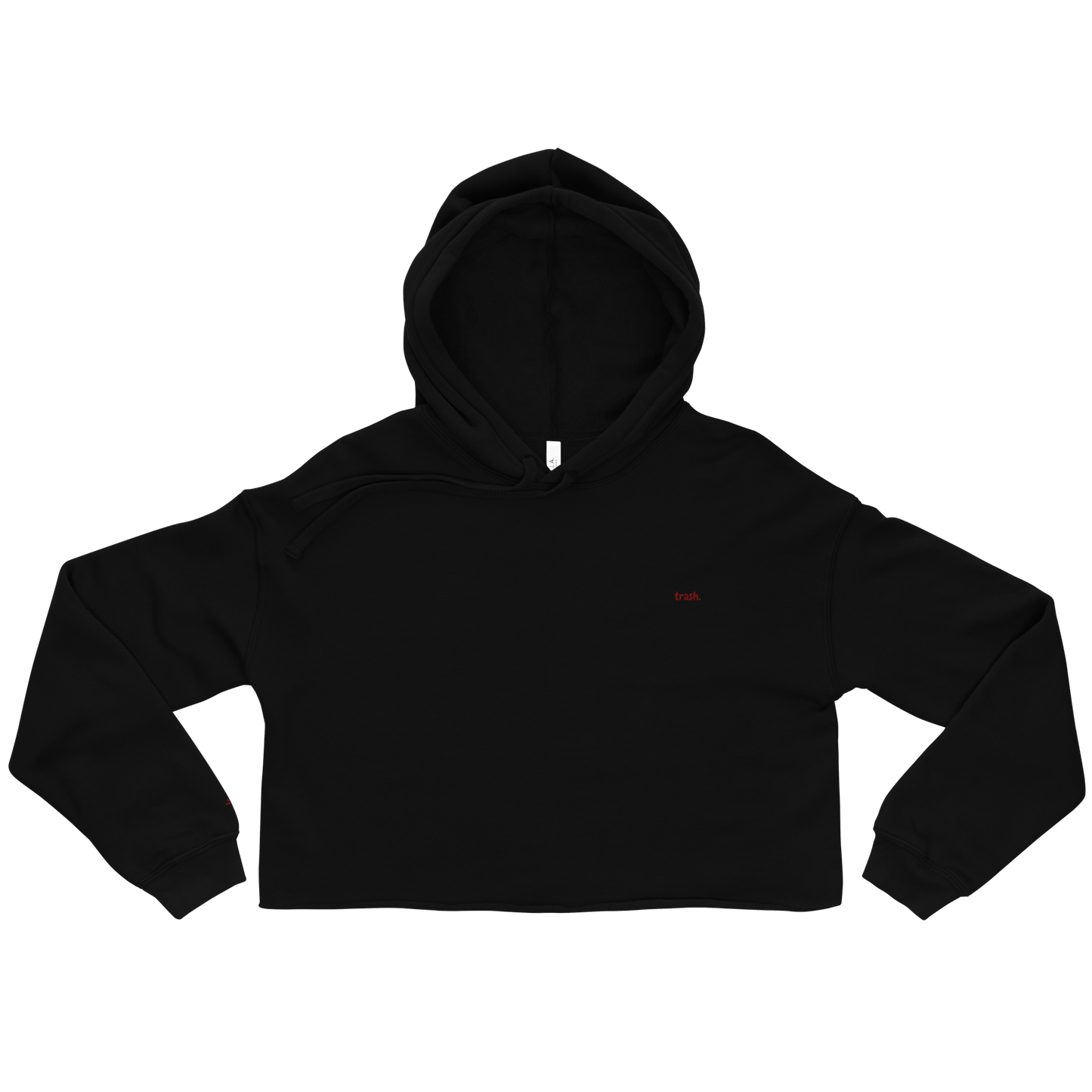 oddjuice trash hoodie – front view flat lay, embroidered red "trash" on black crop hoodie