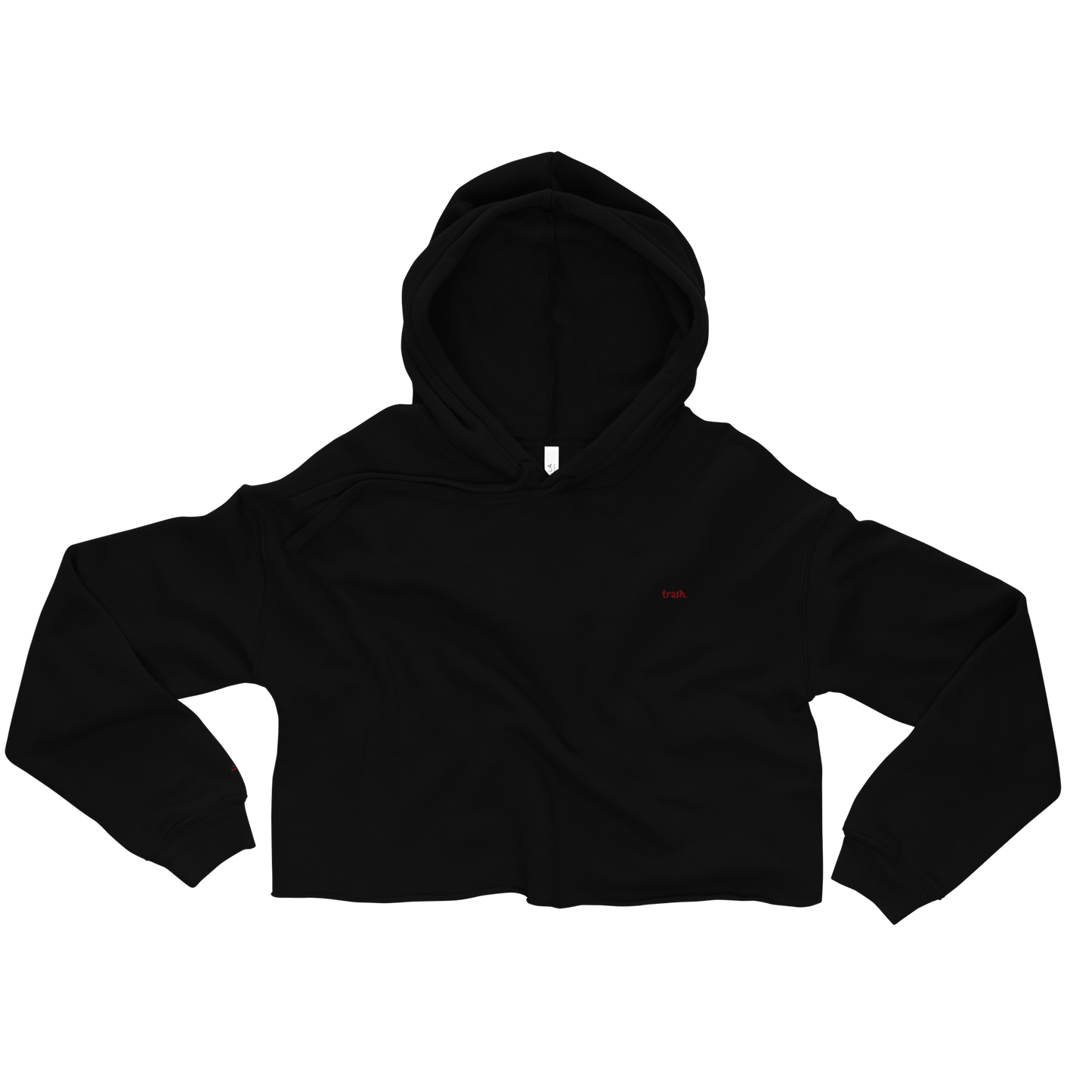 oddjuice trash hoodie – front view flat lay, embroidered red "trash" on black crop hoodie