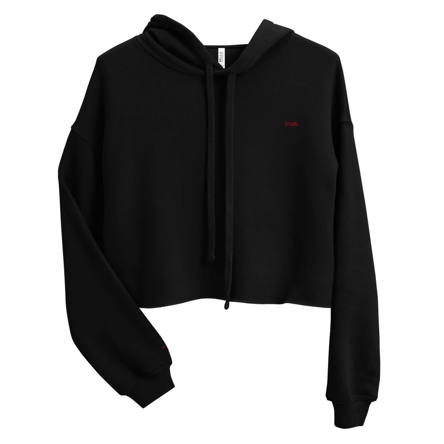 oddjuice trash hoodie – front view, embroidered red "trash" on black crop hoodie