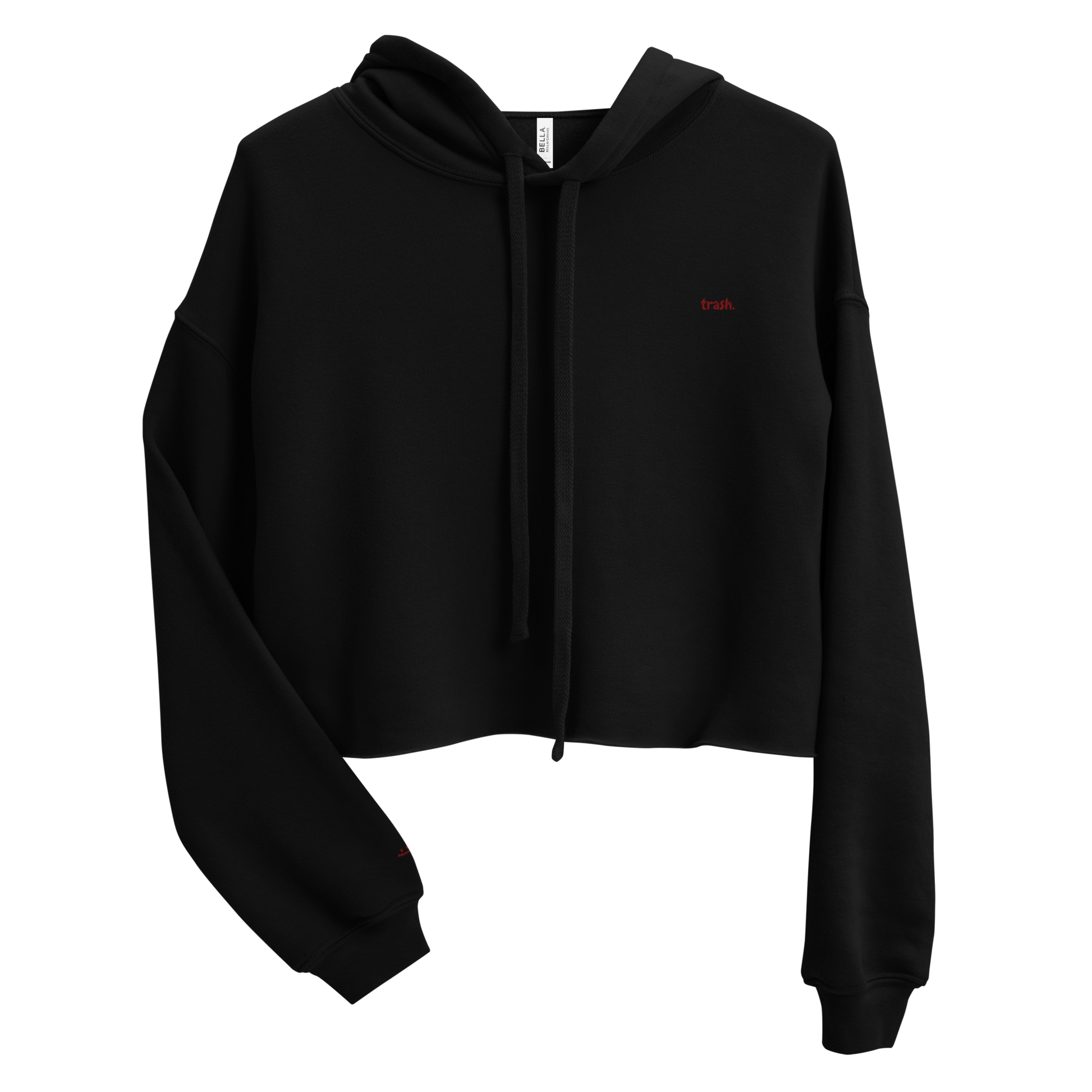 oddjuice trash hoodie – front view, embroidered red "trash" on black crop hoodie