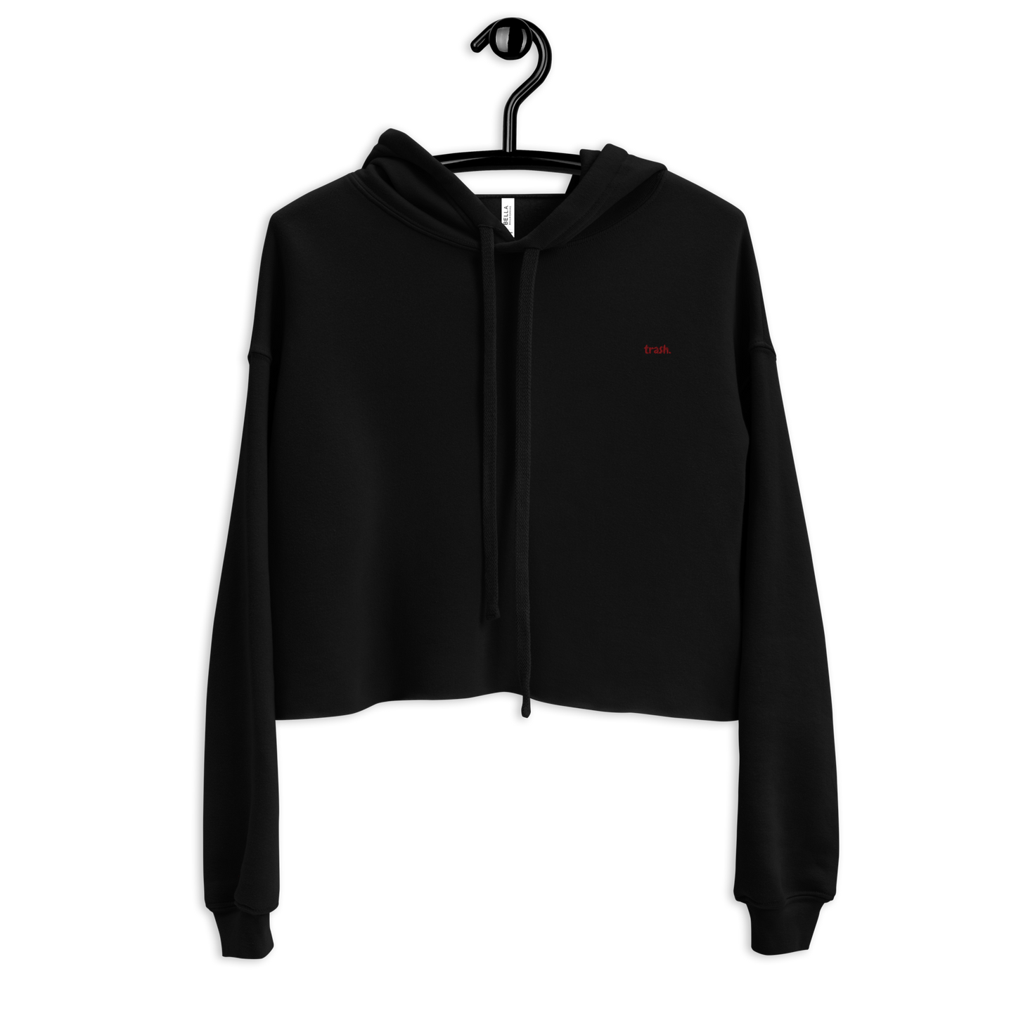 oddjuice trash hoodie – front view, embroidered red "trash" on black crop hoodie on hanger