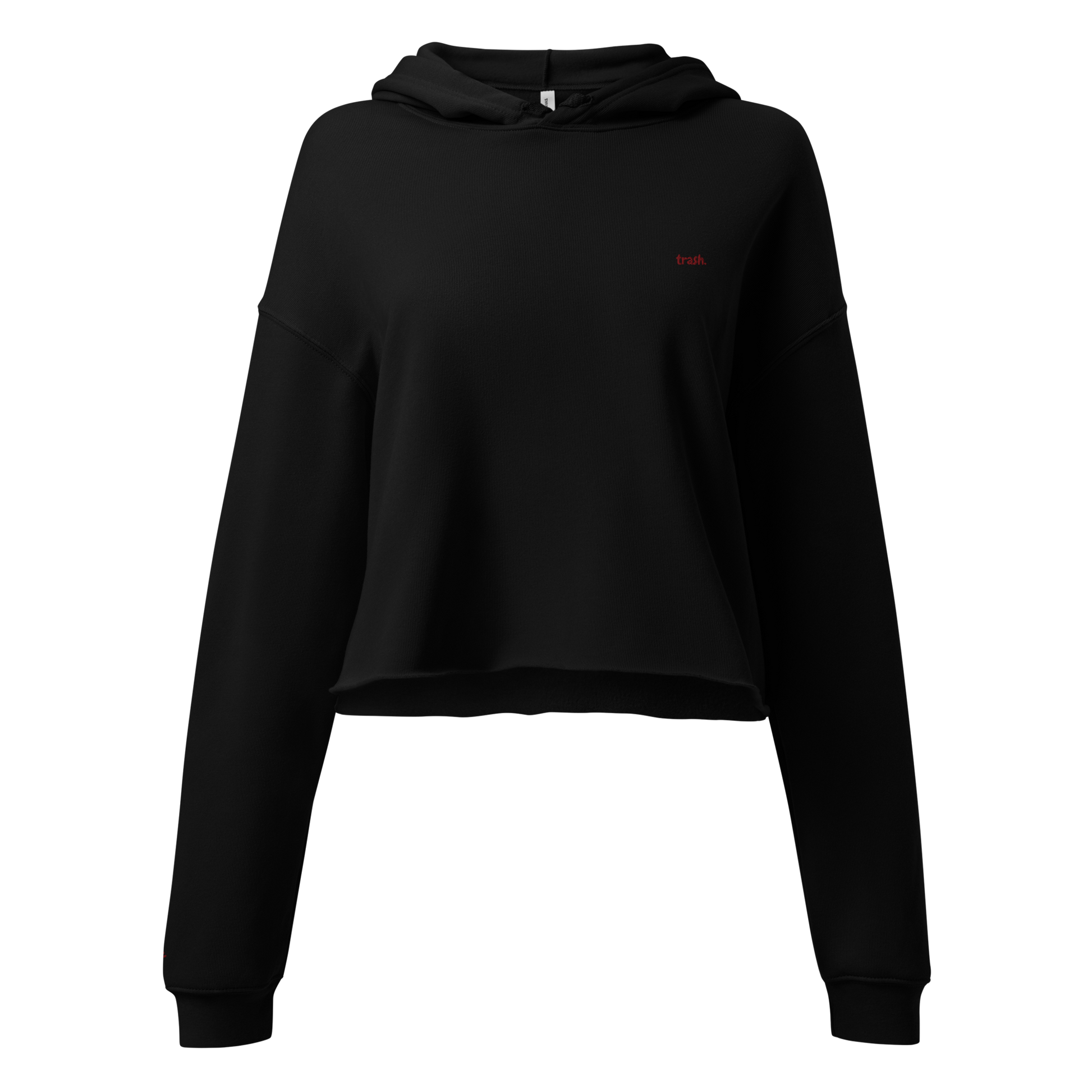oddjuice trash hoodie – front view, embroidered red "trash" on black crop hoodie