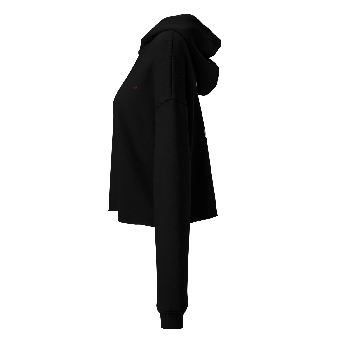 oddjuice trash hoodie – side view showing open raw hem and dropped shoulders