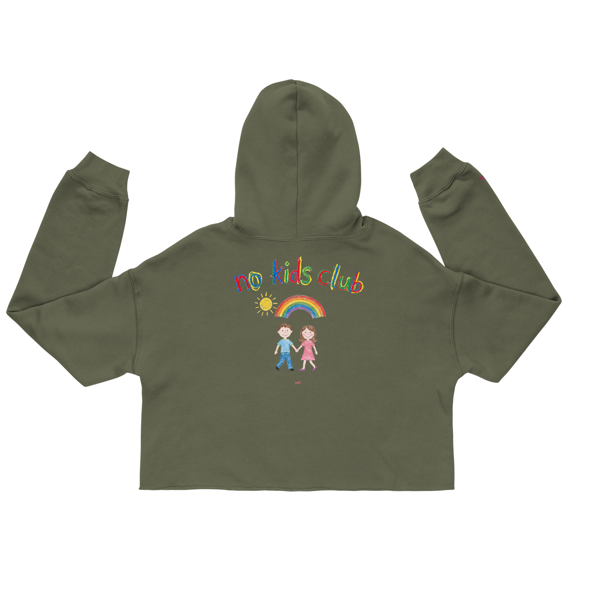 Olive green cropped hoodie, back view – "no kids club" text with couple and rainbow graphic