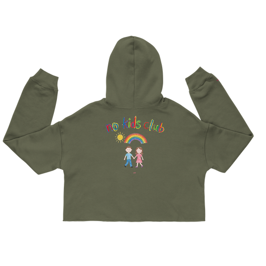 Olive green cropped hoodie, back view – "no kids club" text with couple and rainbow graphic