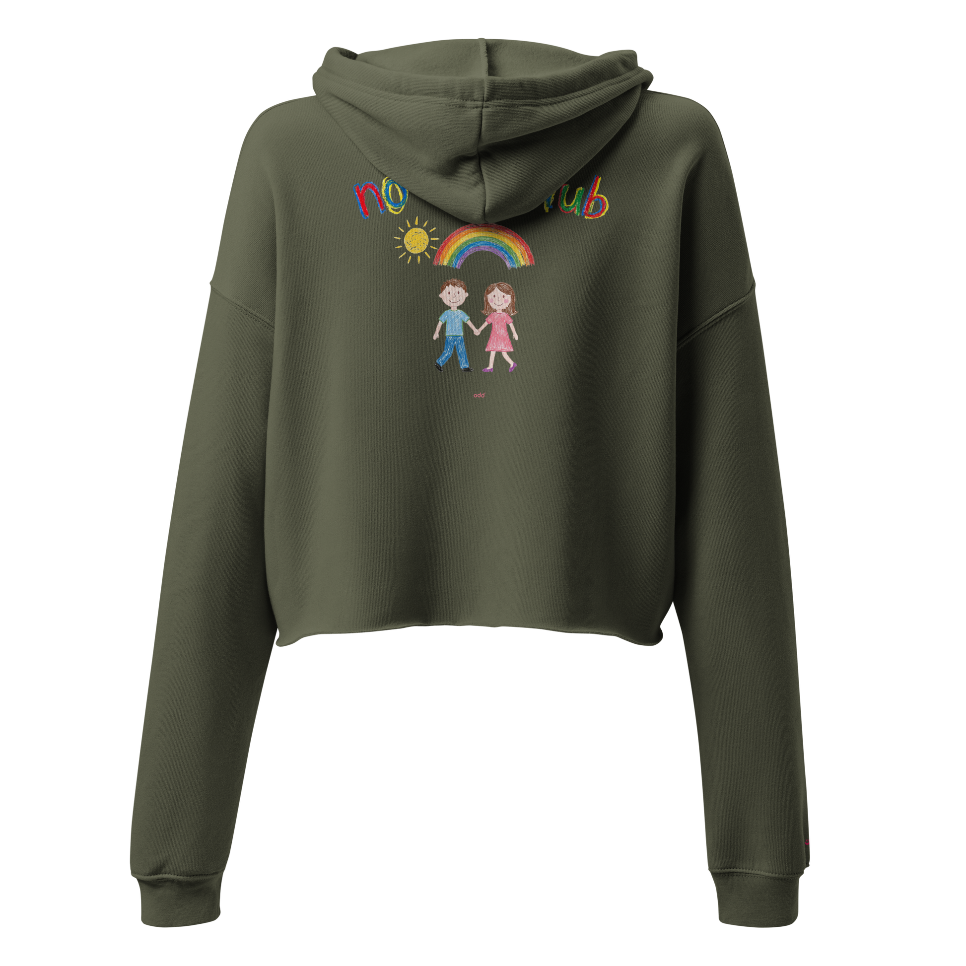 Olive green cropped hoodie, back view – "no kids club" text with couple and rainbow graphic