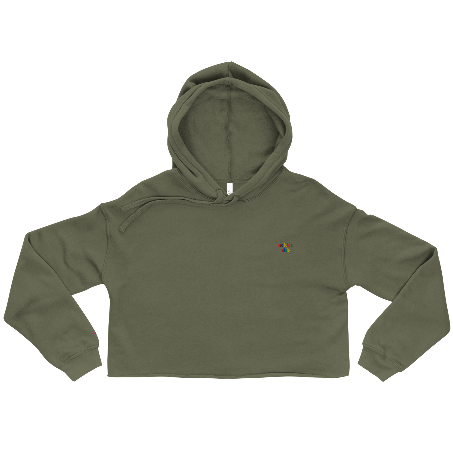 Olive green cropped hoodie, front view – "no kids club" embroidery on chest