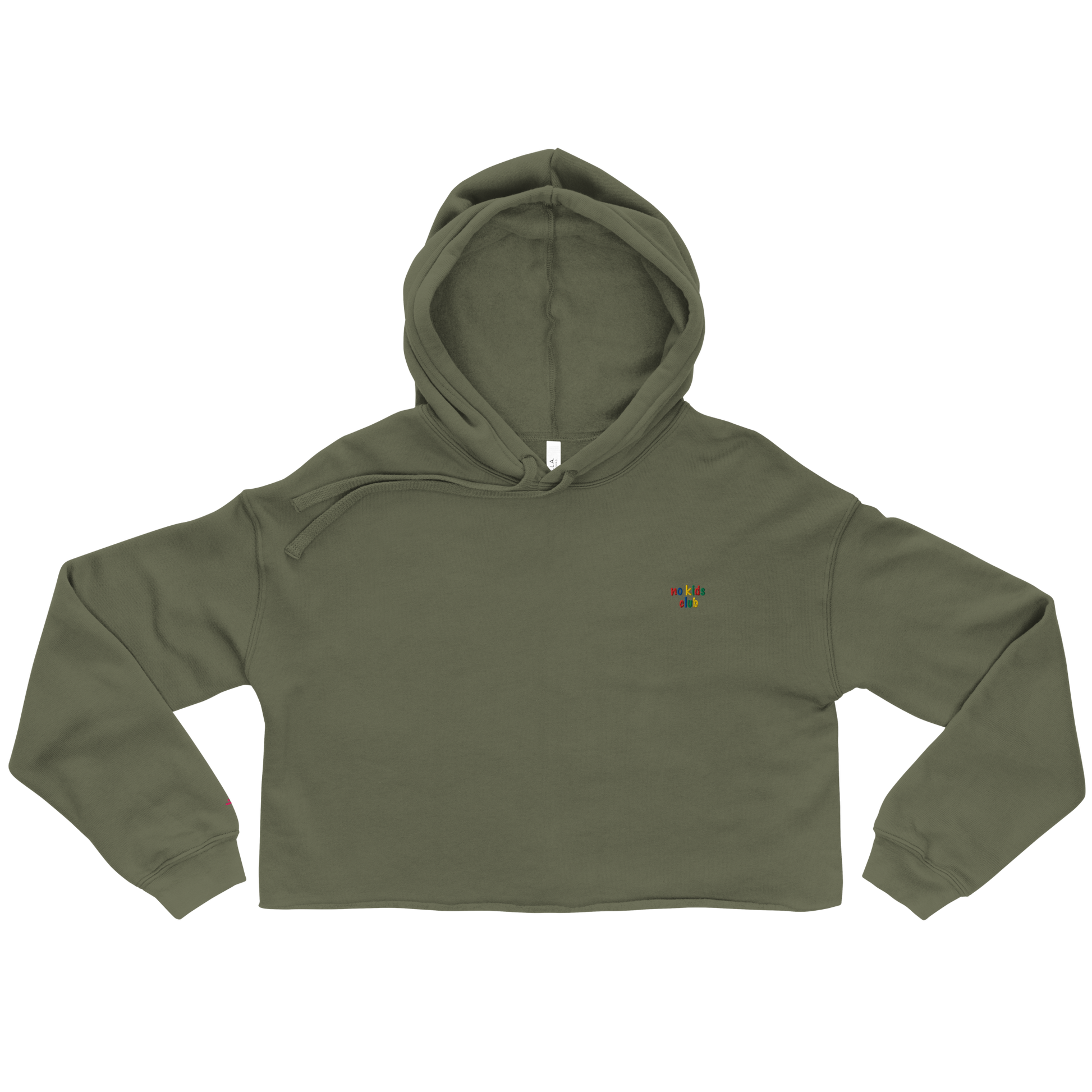 Olive green cropped hoodie, front view – "no kids club" embroidery on chest
