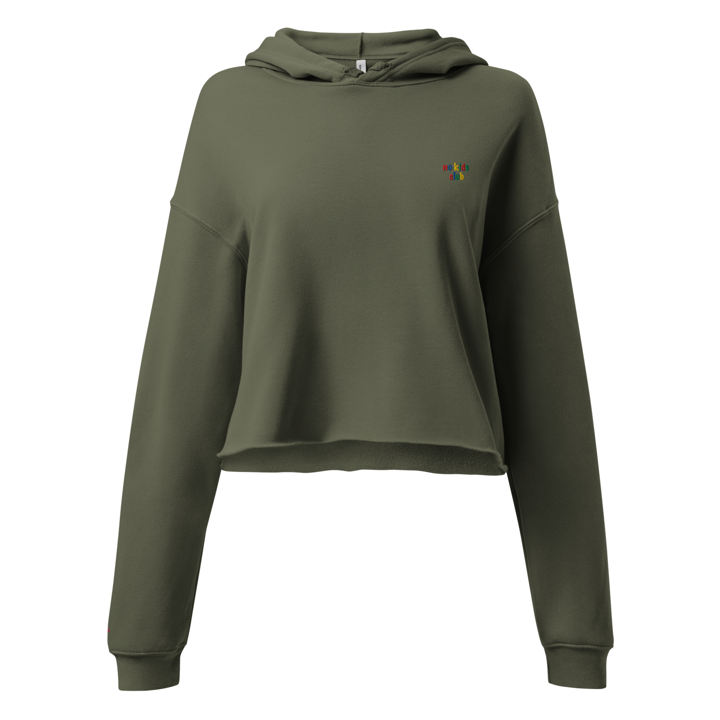 Olive green cropped hoodie, front view – "no kids club" embroidery on chest