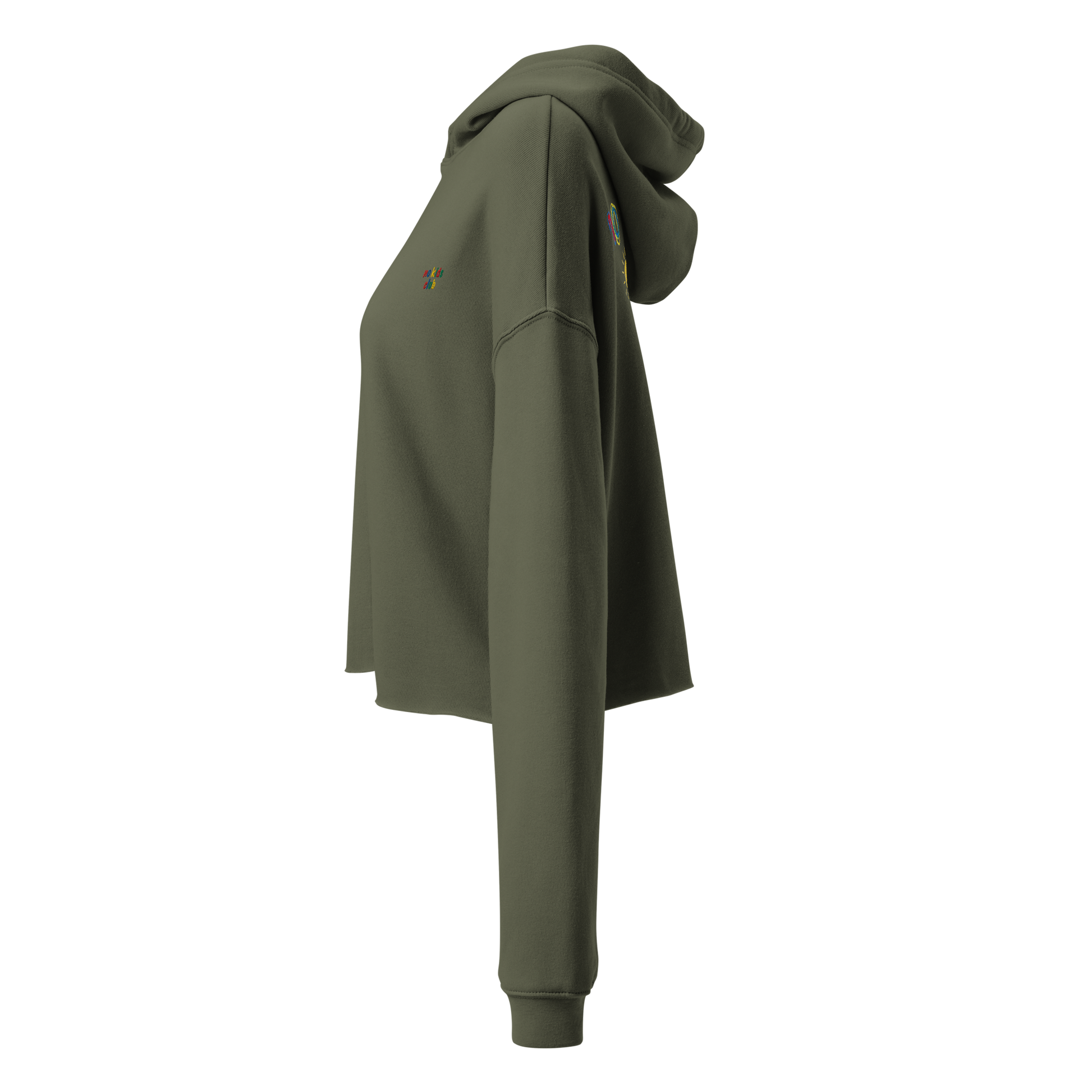 Olive green cropped hoodie, side view – cropped length