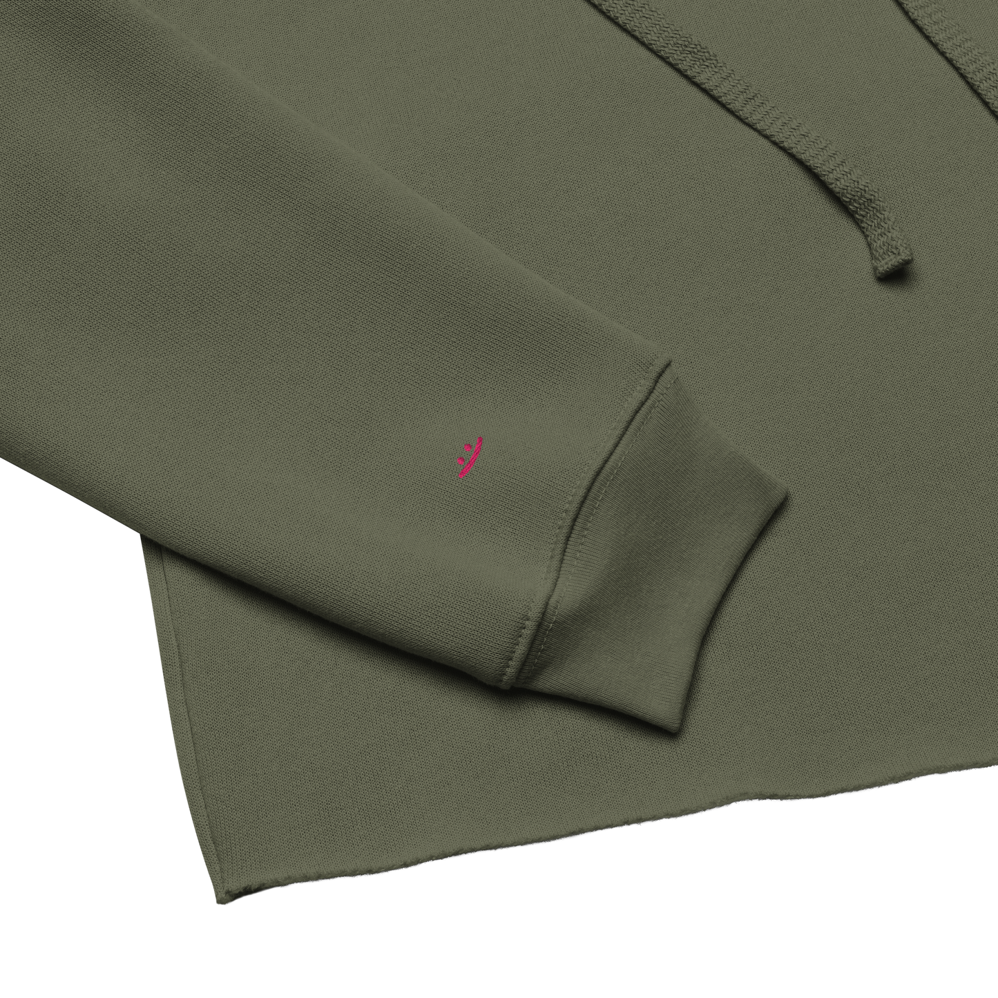 Storm grey cropped hoodie, detail view – pink embroidered smiley on sleeve