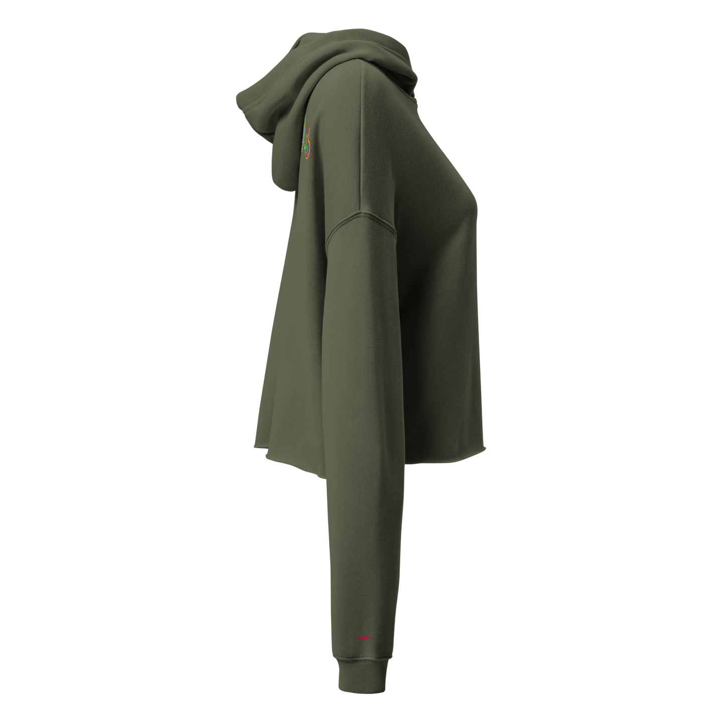 Olive green cropped hoodie, side view – cropped length, embroidered smiley on sleeve