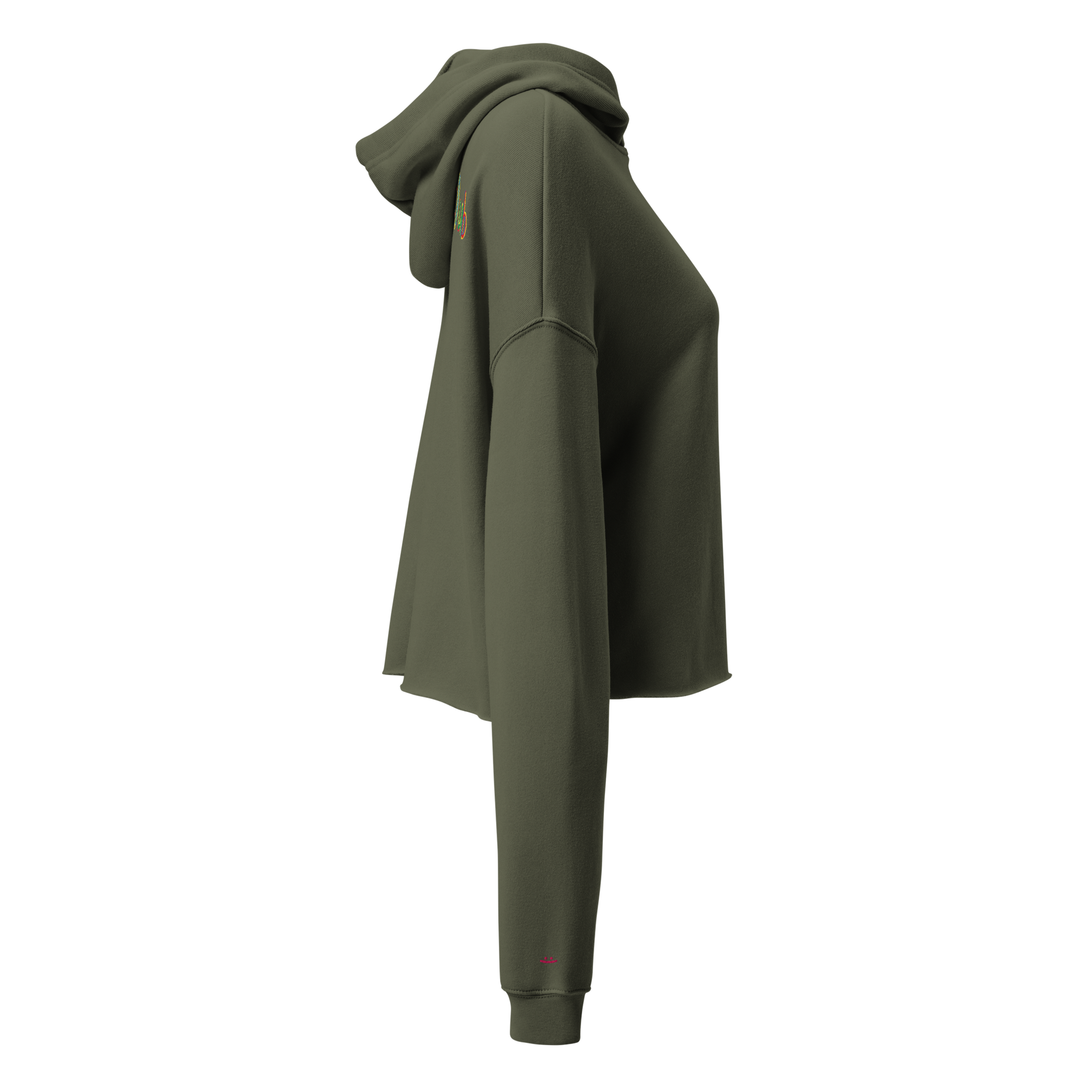 Olive green cropped hoodie, side view – cropped length, embroidered smiley on sleeve