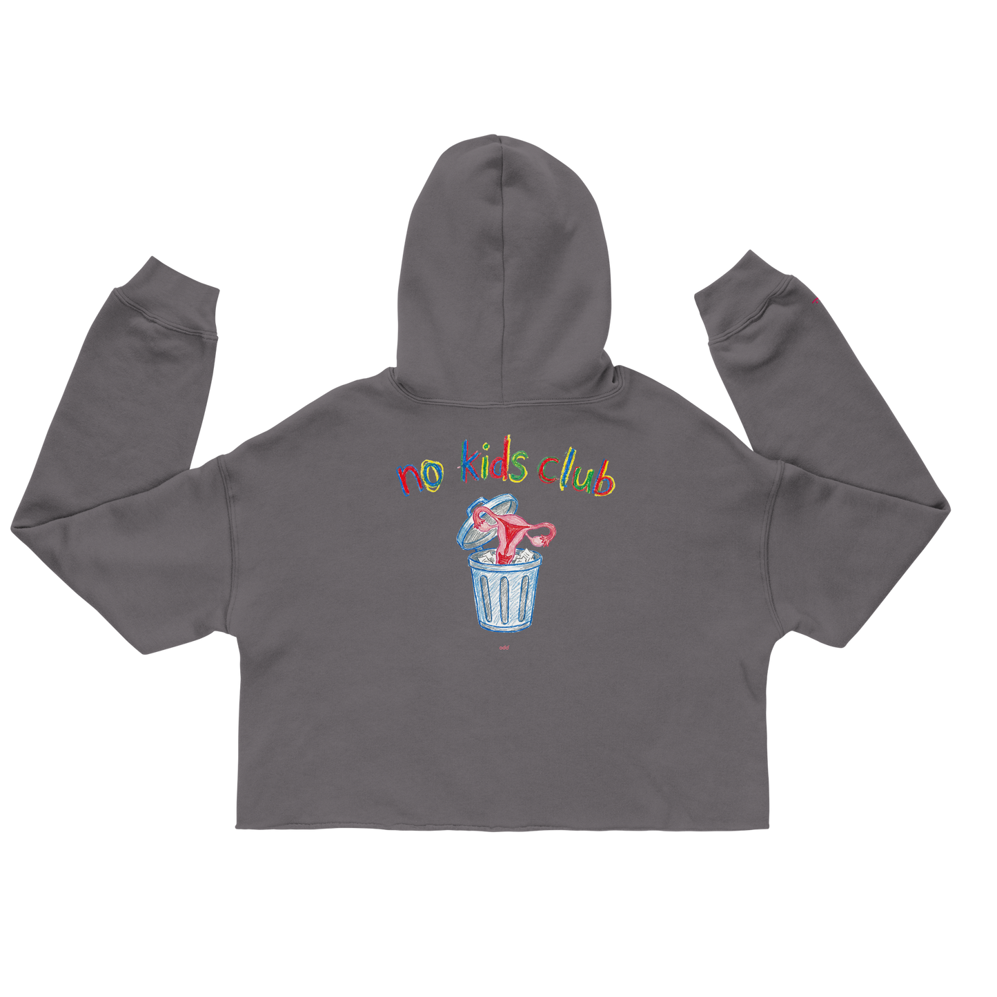 Storm grey cropped hoodie, back view – "no kids club" text with trash can print