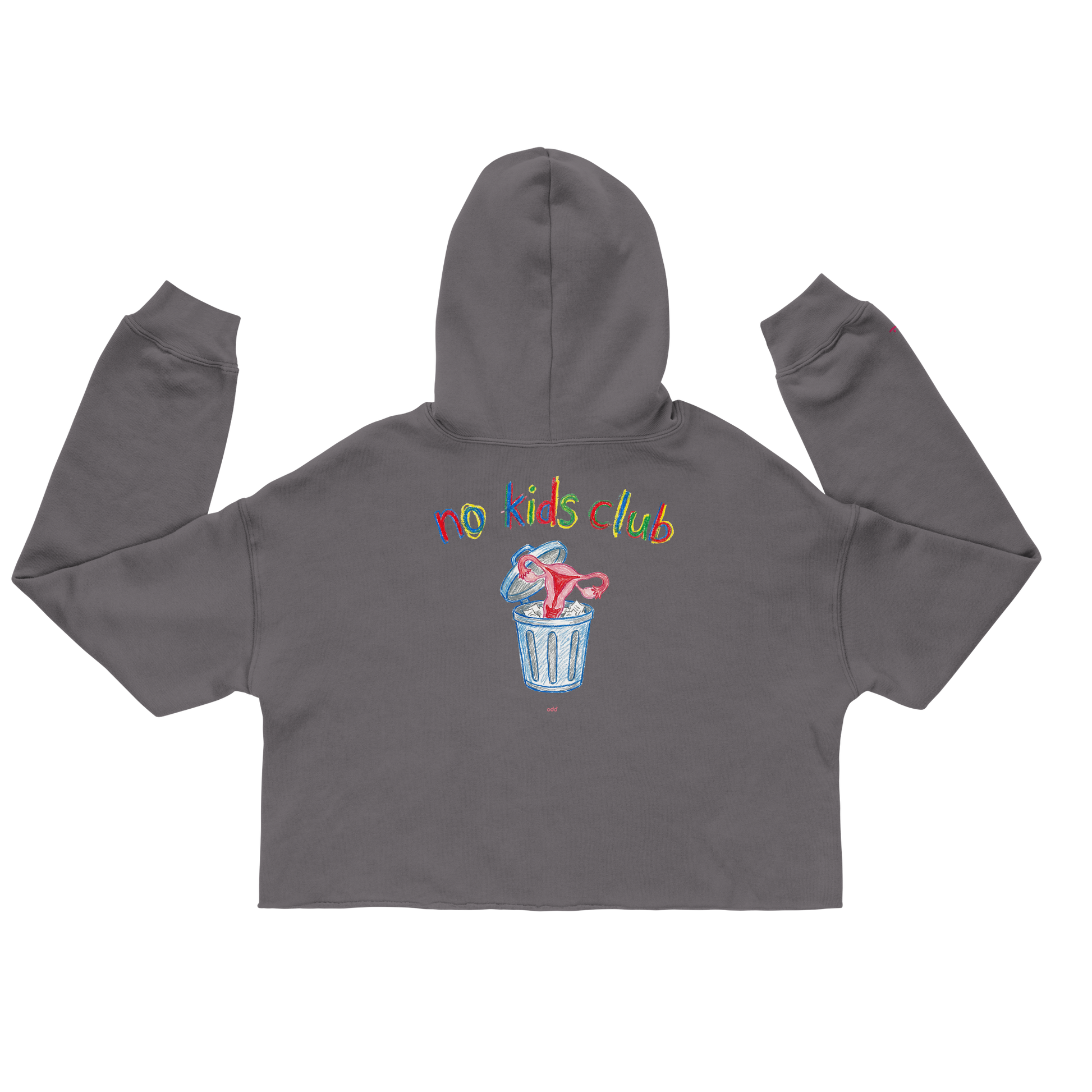 Storm grey cropped hoodie, back view – "no kids club" text with trash can print