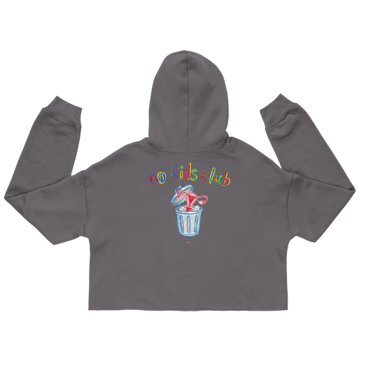 Storm grey cropped hoodie, back view – "no kids club" text with trash can print