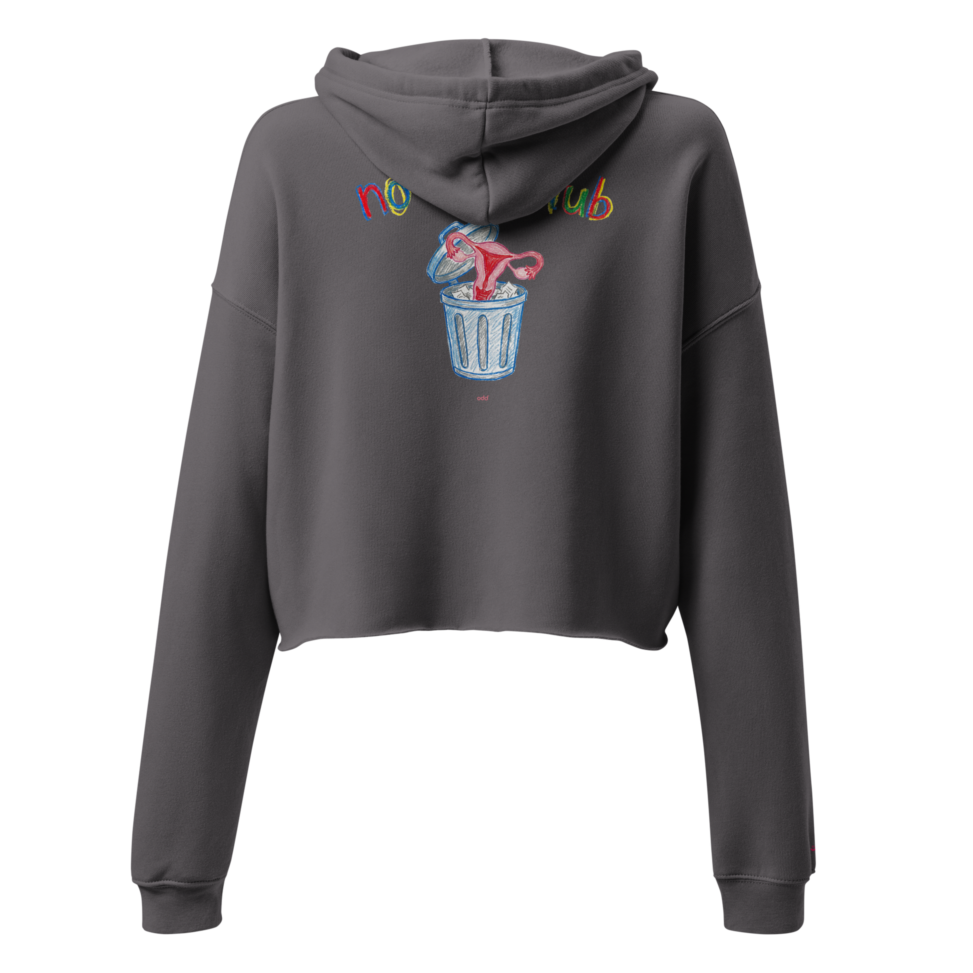 Storm grey cropped hoodie, back view – "no kids club" text with trash can print