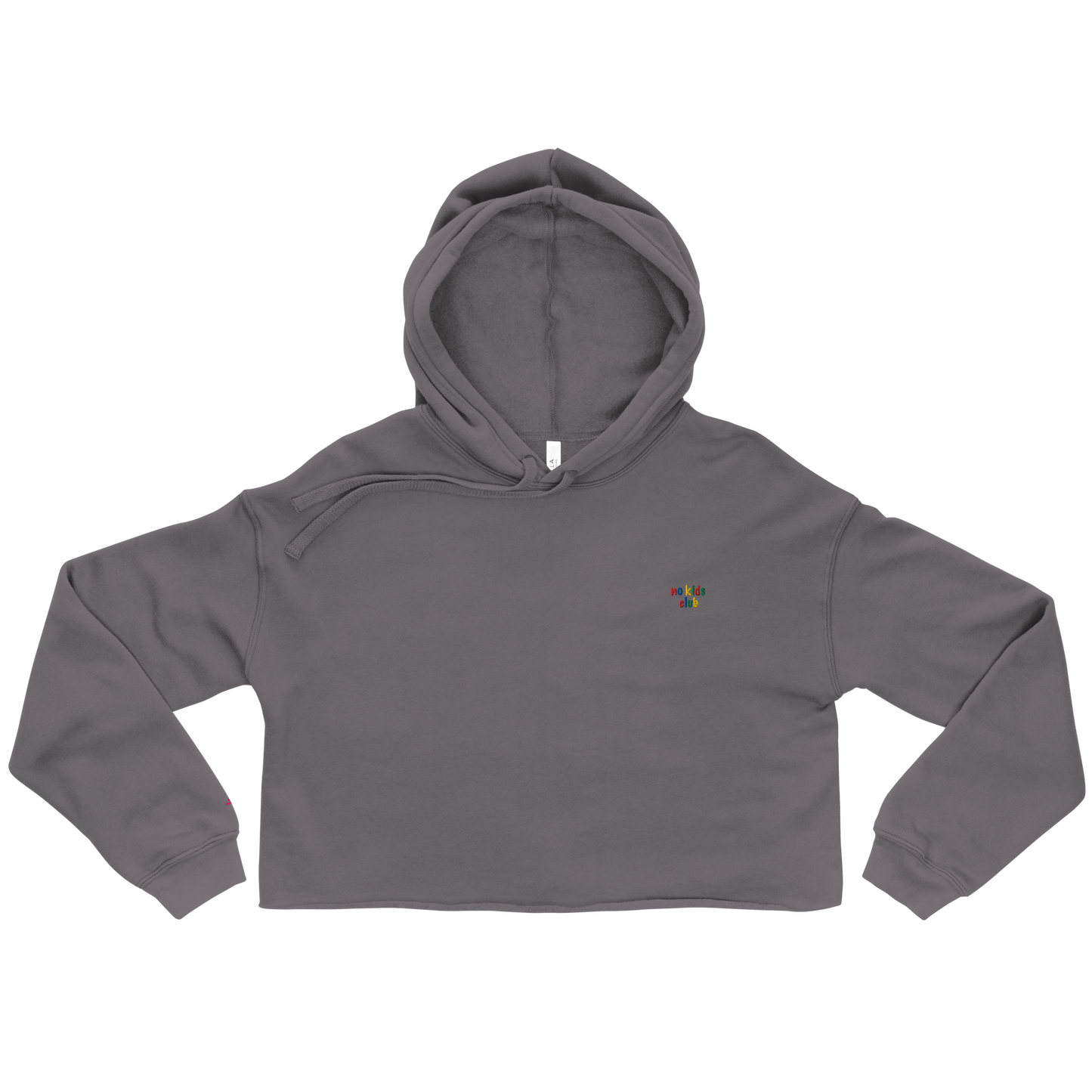 Storm grey cropped hoodie, front view – small colorful "no kids club" embroidery on chest