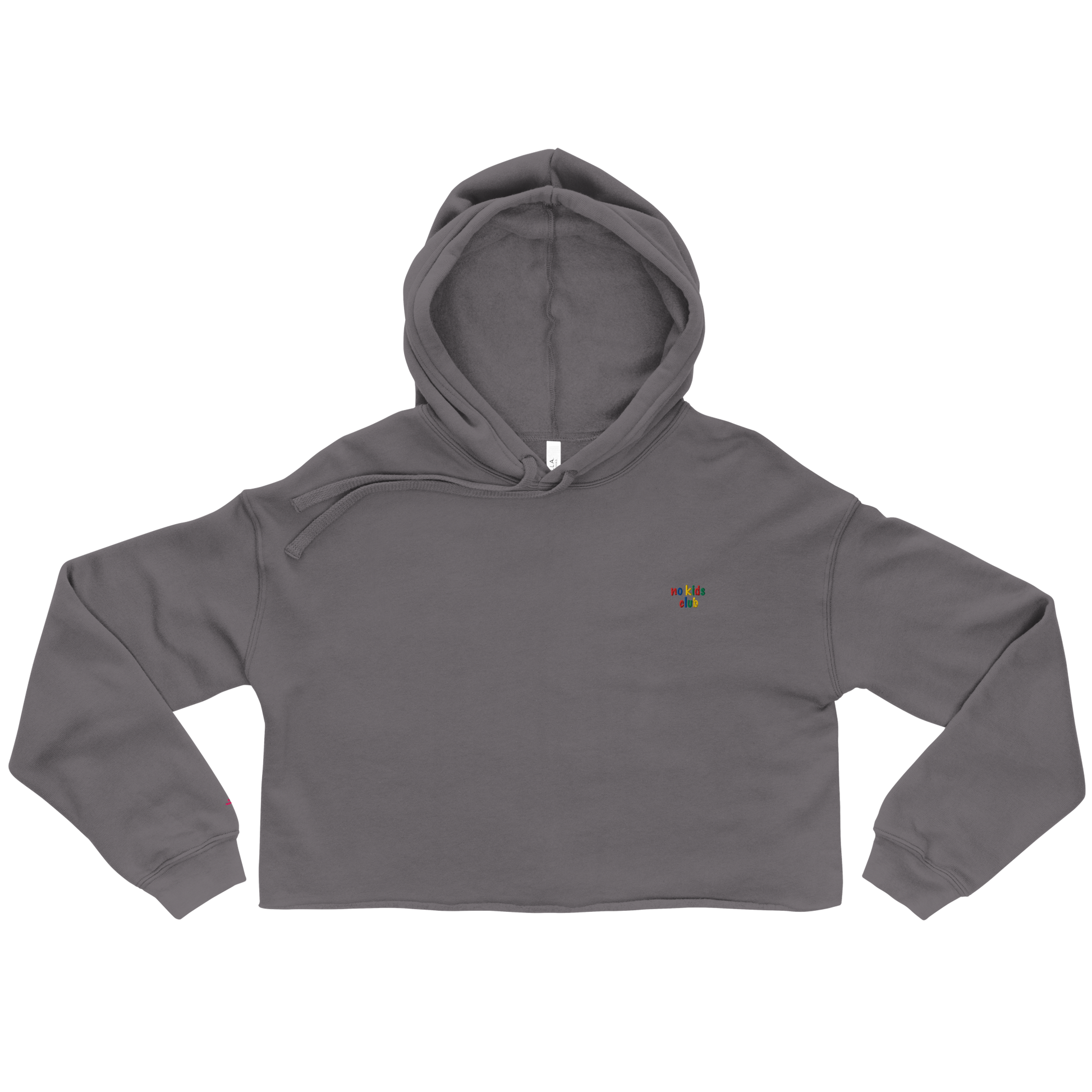 Storm grey cropped hoodie, front view – small colorful "no kids club" embroidery on chest