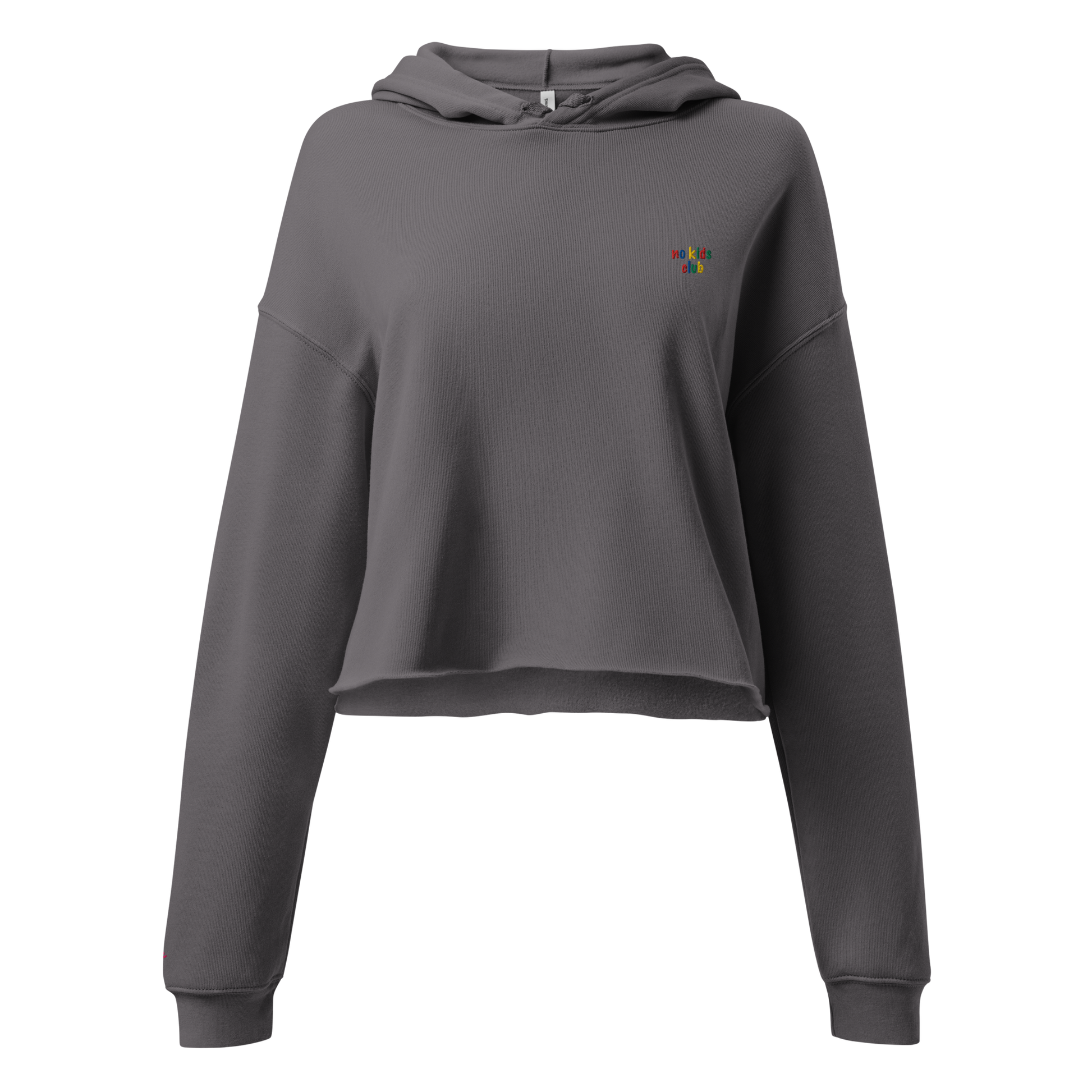 Storm grey cropped hoodie, front view – small colorful "no kids club" embroidery on chest