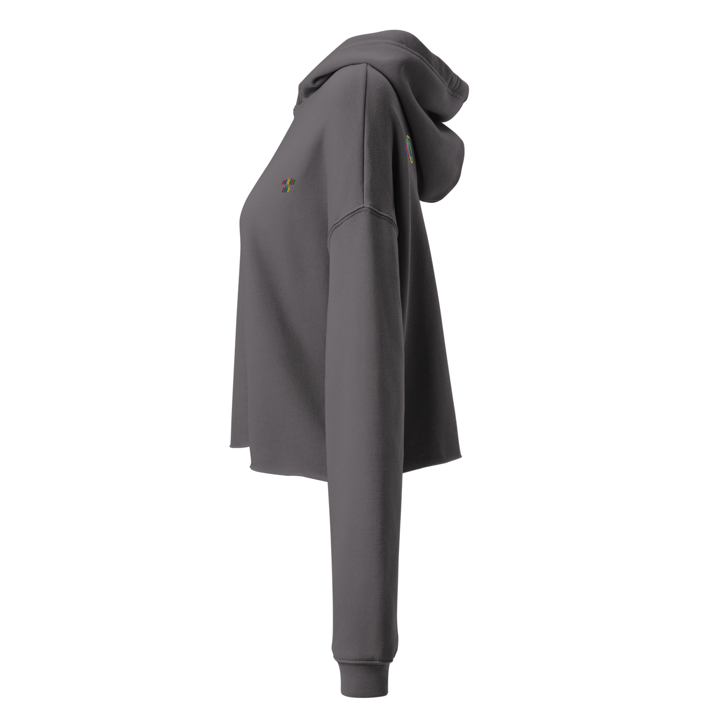 Storm grey cropped hoodie, side view – dropped shoulders, cropped length