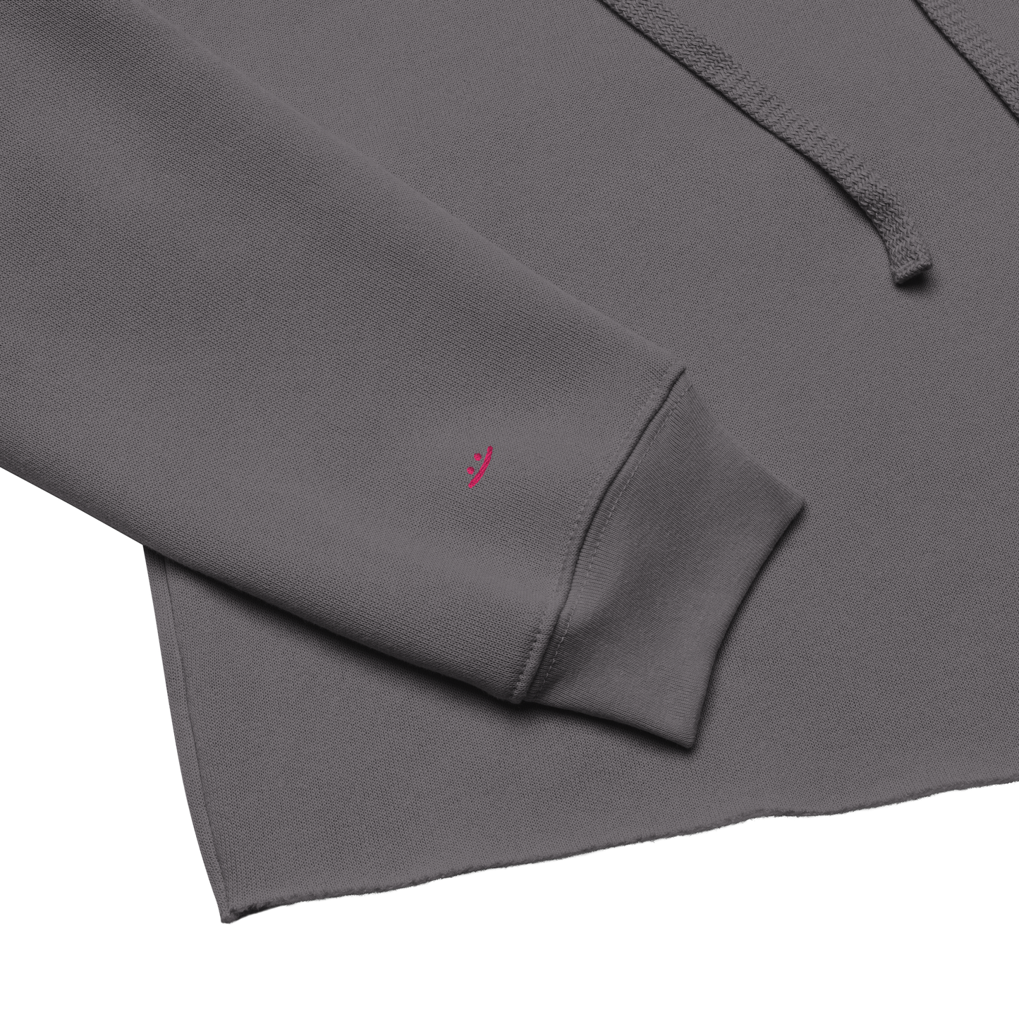 Storm grey cropped hoodie, detail view – pink embroidered smiley on sleeve