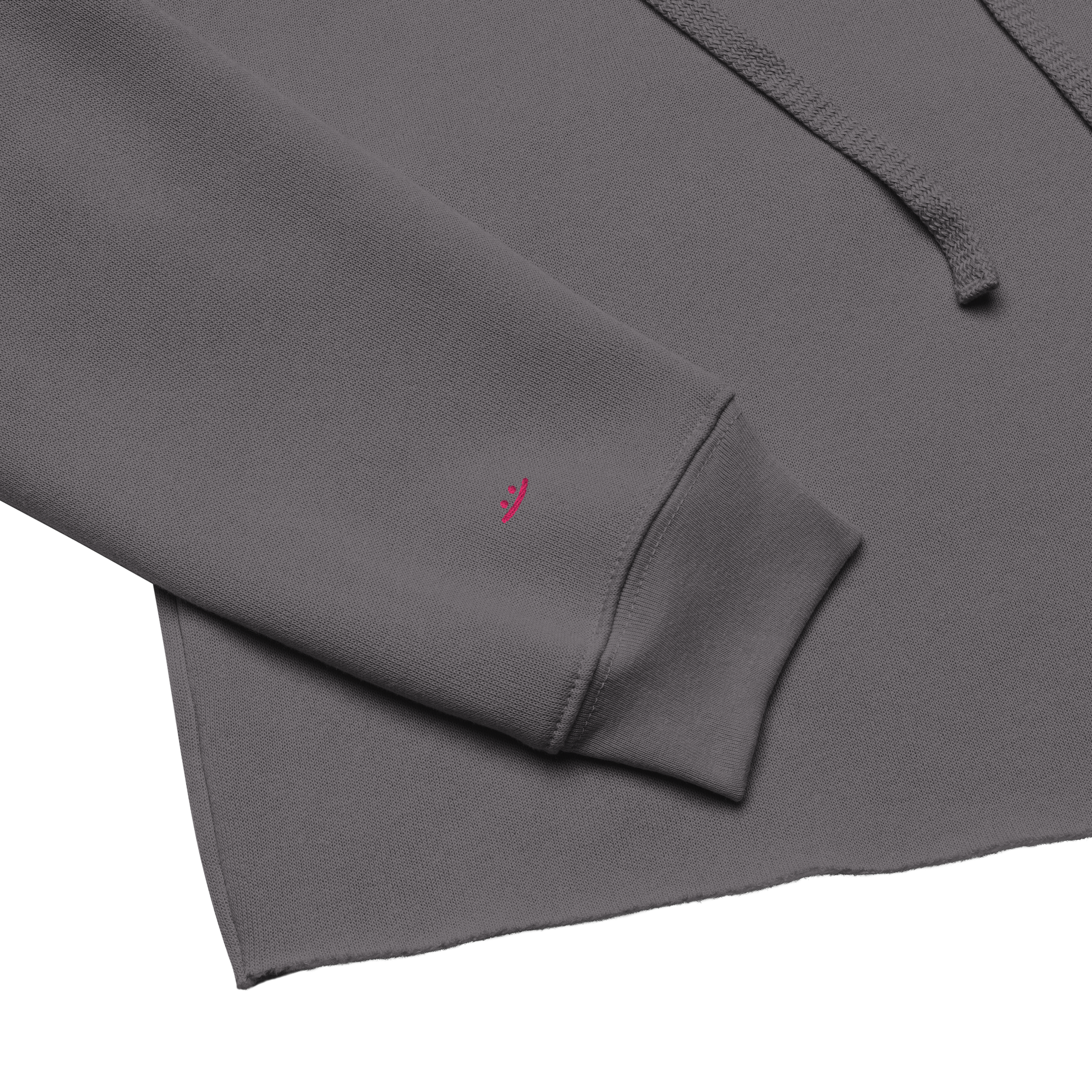 Storm grey cropped hoodie, detail view – pink embroidered smiley on sleeve