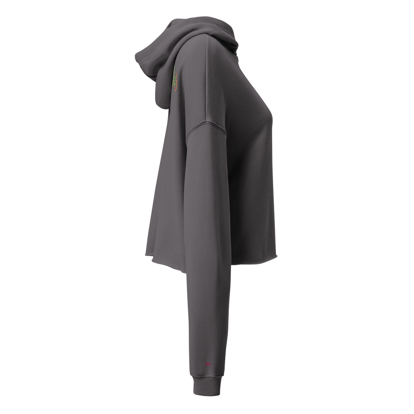 Storm grey cropped hoodie, side view – dropped shoulders, cropped length, small embroidered smiley