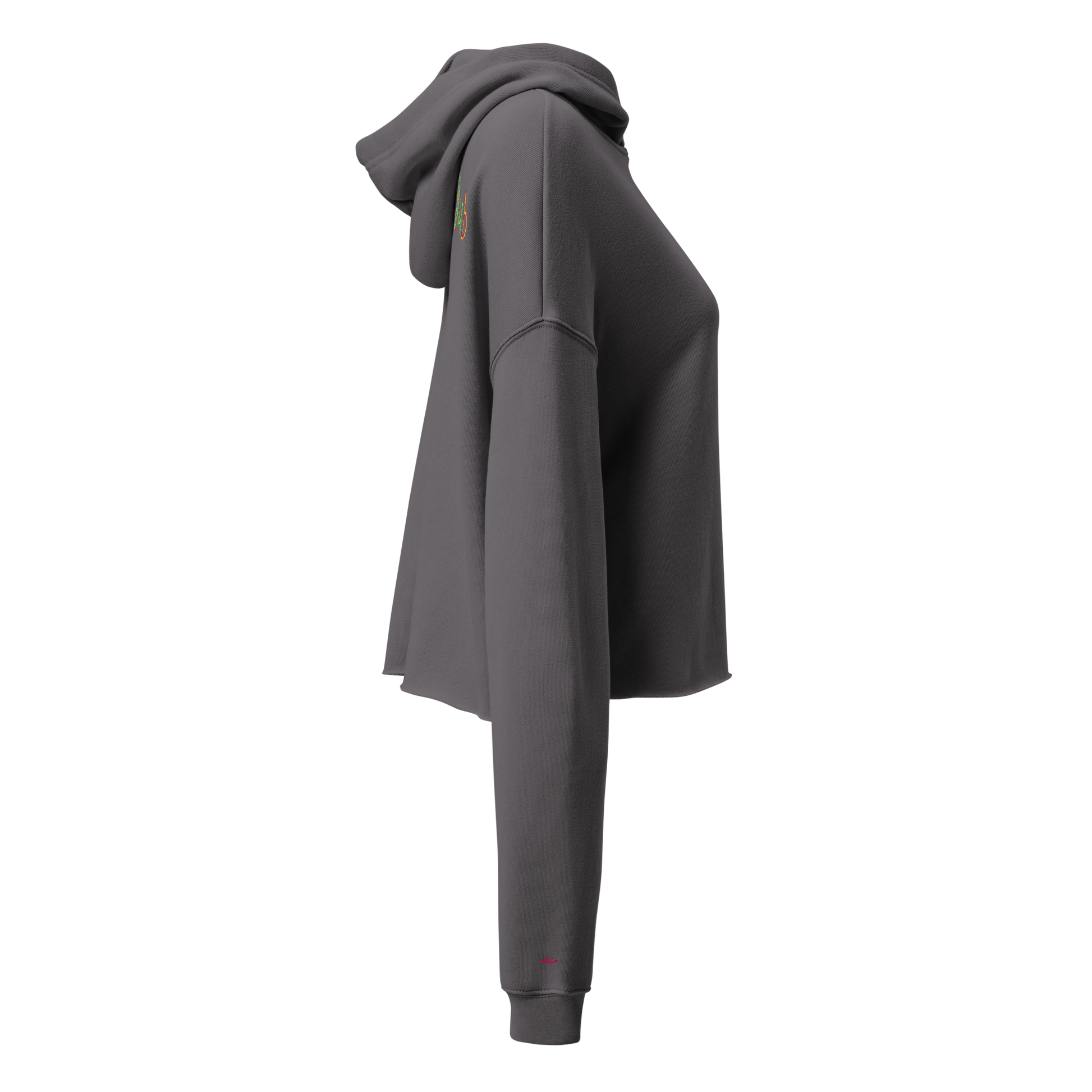 Storm grey cropped hoodie, side view – dropped shoulders, cropped length, small embroidered smiley