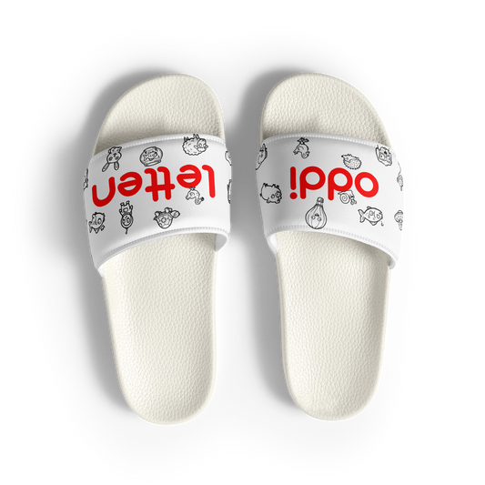 oddjuice oddiletten – pair of slides from above, red "oddi letten" lettering on strap, black graphic allover print