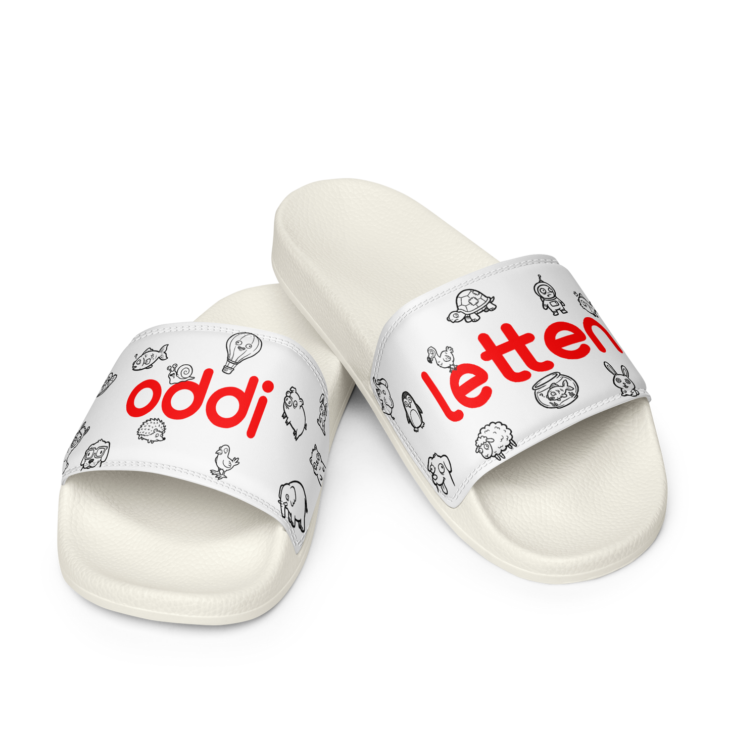 oddjuice oddiletten – slide pair front view, red "oddi letten" strap text and black creature doodles on white