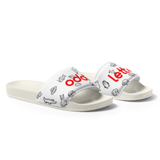 oddjuice oddiletten – single white slide from the side, black doodle allover print on footbed and strap